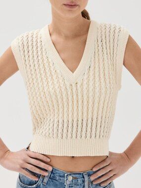 NWT SIMKHAI Dillon Sleeveless Crochet Knit Vest Ivory Medium M V-Neck Top